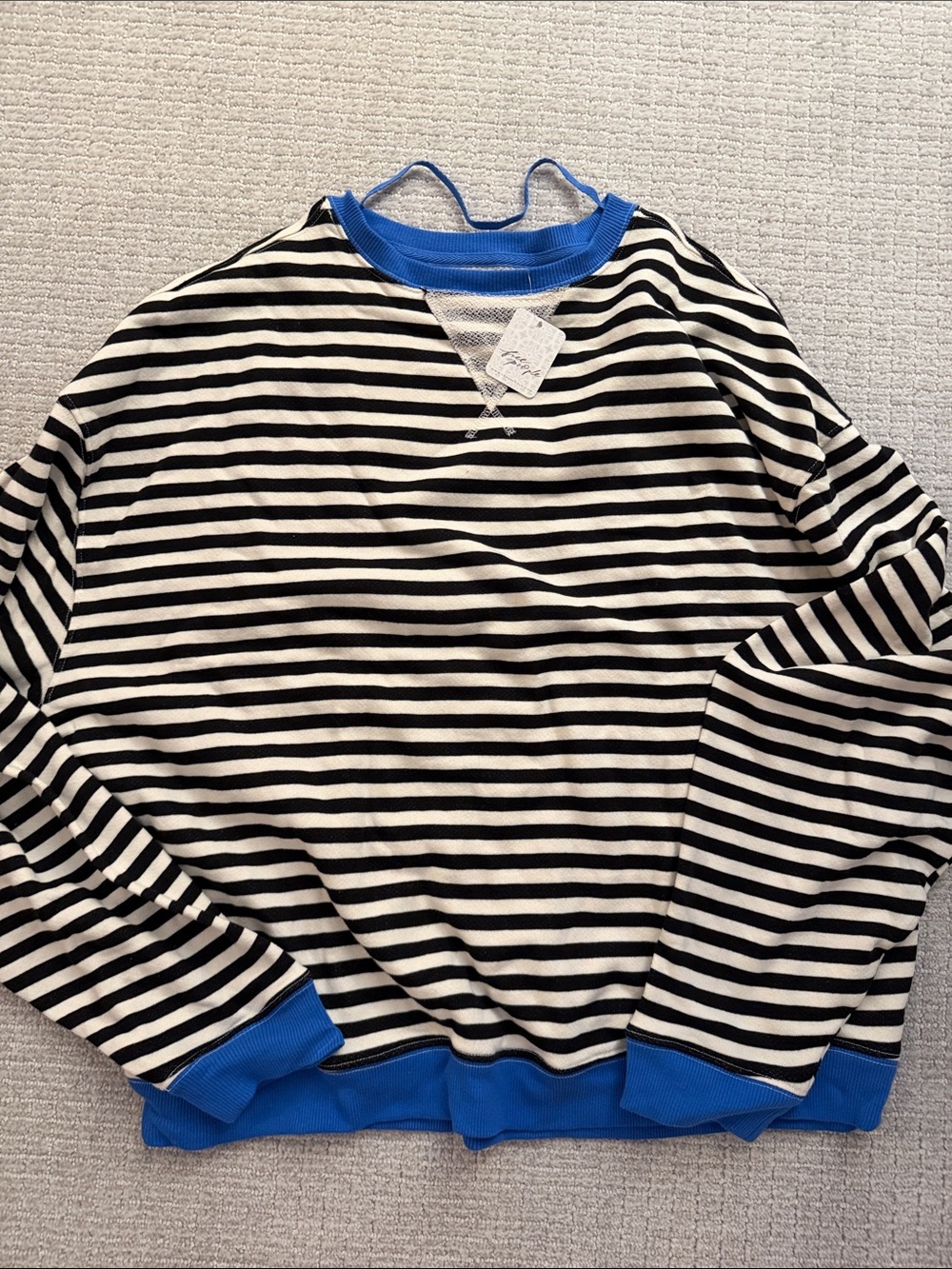 Free People Black & White Striped Crewneck Sweatshirt with Blue Trim